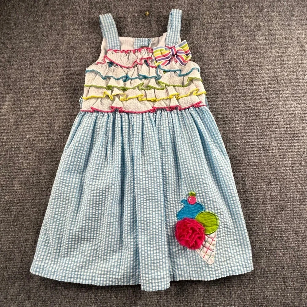 Emily Rose Girls Size 5 Blue Gingham Seersucker Ice Cream Ruffle Dress S963826